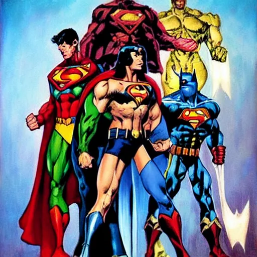 Prompt: “ justice league versus teen titans oil painting by frank frazetta”