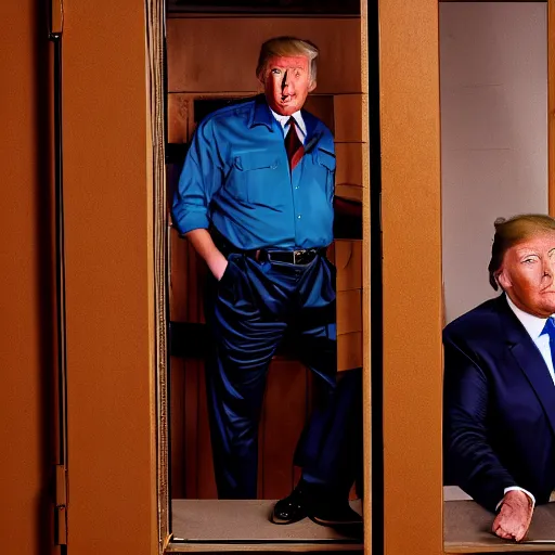 Prompt: TV show still of donald trump and alex jones together jail photograph, sitcom, natural light, sharp, detailed face, magazine, press, photo, Steve McCurry, David Lazar, Canon, Nikon, focus