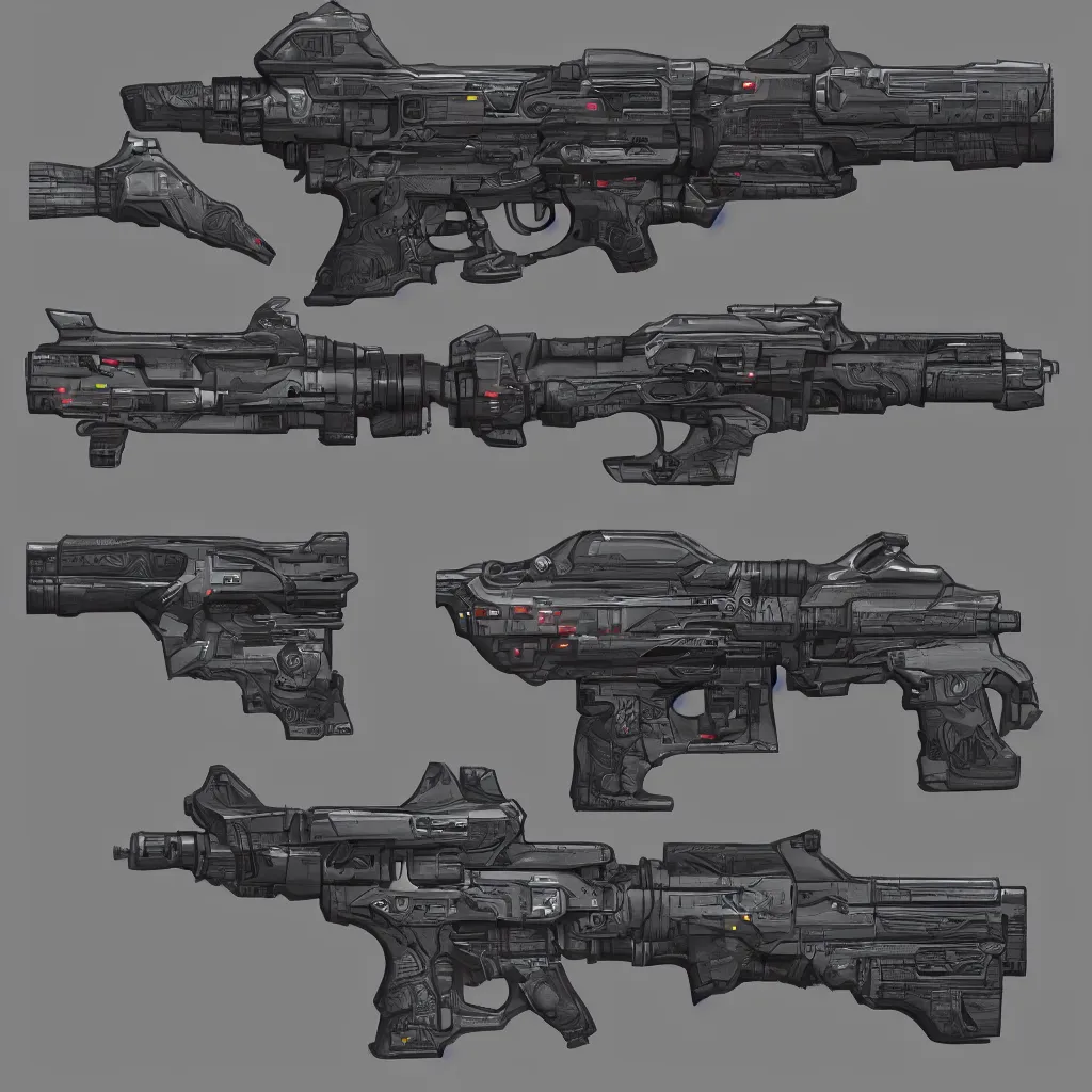 Prompt: detailed cyberpunk style sci - fi high tech gun concept design