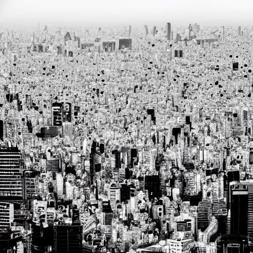 Prompt: tokyo city taken from drone by ashley wood and j. m. w. turner, speed painting, photo bash, cinematic angle, super detailing, monochrome