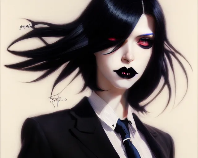 Image similar to a ultradetailed beautiful portrait panting of a stylish goth woman, wearing a shirt with a tie, dramatic, she has black hair, fashion, by hajime sorayama, makoto shinkai, greg rutkowski and conrad roset, trending on artstation