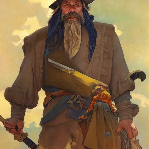 Prompt: N. C. Wyeth painting bearded pirate, painted fantasy character portrait, headshot, fantasy, highly detailed, digital painting, artstation, concept art, sharp focus, illustration, art by the golden age of American illustration archive, N. C. Wyeth, simon bisley and frank frazetta, artgerm and greg rutkowski and alphonse mucha