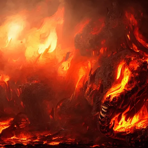 Image similar to A firey, hellish world with black ivory skeletons, dynamic lighting, cinematic, ultra detailed, creative, stunning visuals, hyperrealism, trending on art station