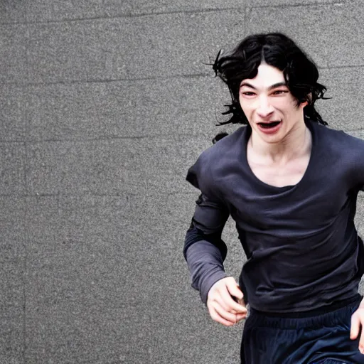 Prompt: high quality render of Ezra miller looking insane and running away from police. 4k