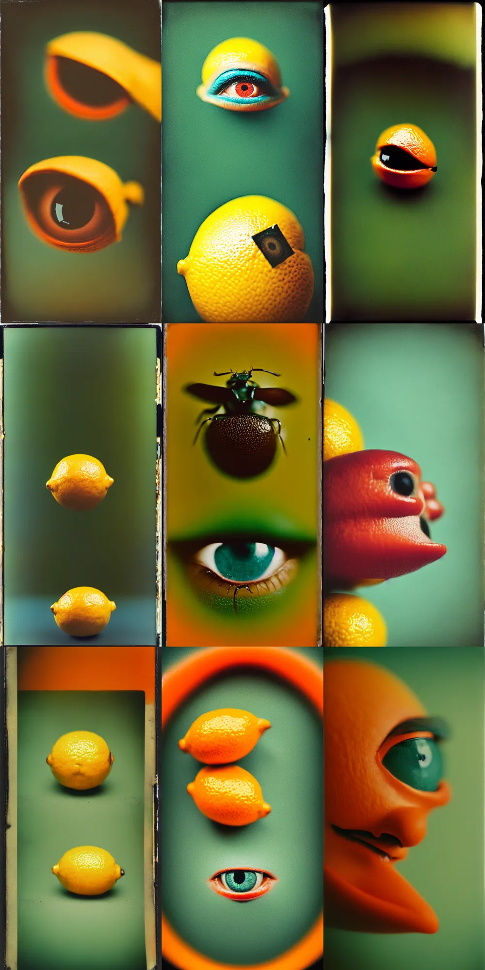 Prompt: kodak portra 4 0 0, wetplate, ant's eye view, 8 k, shot of a highly detailed, britt marling style, colour still - life portrait of a lemon looks like 1 9 9 9 joker, motion blur, teal and orange, muted coloures