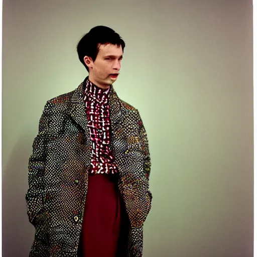 Image similar to a man wearing a colgate coat designed by dries van noten, by martin parr