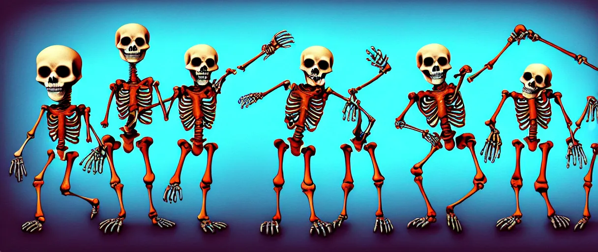 Image similar to hyperrealistic popart very cute milticolored medieval skeletons dancing jason limon digital painting dramatic blue lighting wide angle hd 8k sharp shallow depth of field