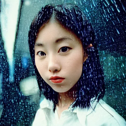 Prompt: 1990s perfect 8K HD professional cinematic photo of close-up japanese schoolgirl posing in dystopian hangar, at evening during rain, at instagram, Behance, Adobe Lightroom, with instagram filters, depth of field, taken with polaroid kodak portra