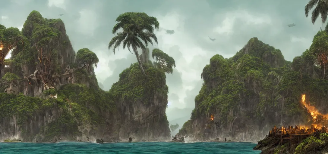 Image similar to skull Island, wooden fortress wall on a tropical island with ruff shore cliffs,landscape, raphael lacoste, eddie mendoza, alex ross, john howe, concept art, matte painting, highly detailed, rule of thirds, dynamic lighting, cinematic, detailed, denoised, centerd, clean render