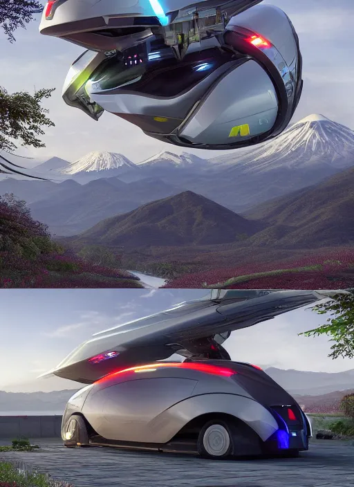 Prompt: a futuristic magical solarpunk tesla cyber truck vehicle hover craft in the future of 2 0 8 9 futuristic version, dieselpunk look, elegant automotive parts shape, aero dynamic, digital art. trending on artstation. cyberpunk look hovering by mount fuji early in the morning with a few blossom trees around, high quality photo