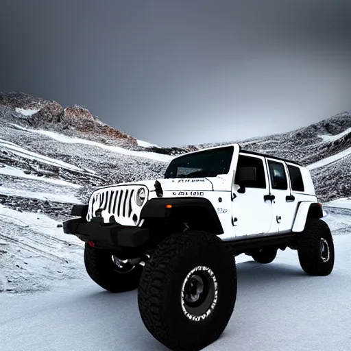 Image similar to white jeep wrangler driving on top of snowy mountain cornice, high quality digital art, dramatic lighting, cinematic, photo realism