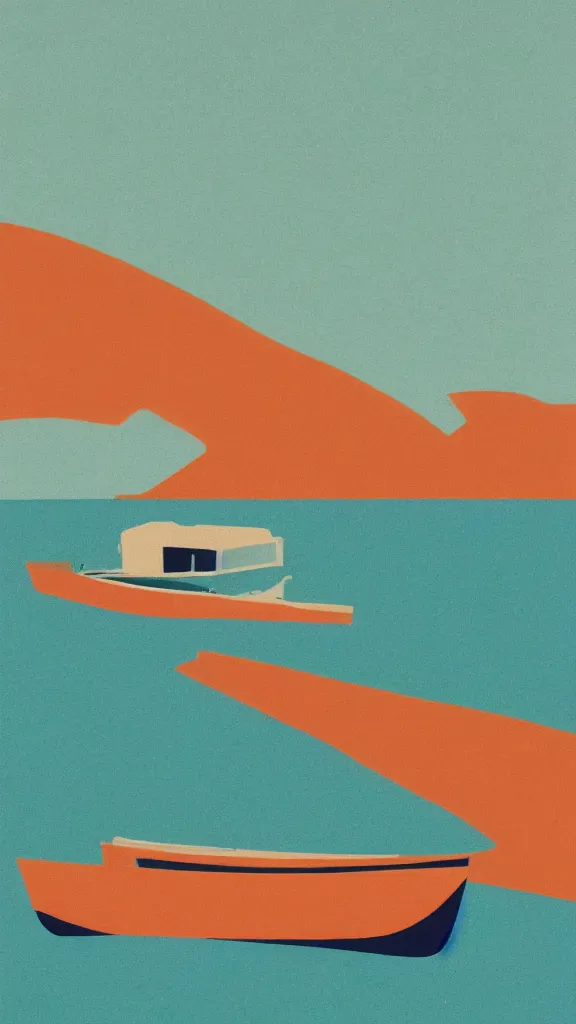 Prompt: a vintage neo retro poster of one pale orange and pale dark green boat floating on top of a body of stylized water in bassin d'arcachon, a sand dune in the distant background, a vintage poster screenprint by Tom Whalen, behance contest winner, australian tonalism, pale gradients design, matte drawing, clean and simple design, outrun color palette