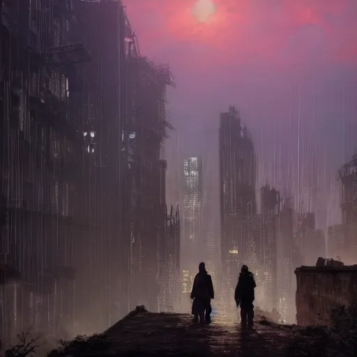 Image similar to wanderer with night vision goggles, dramatic light, sunset, sunrays, cyberpunk city in the background, ruins, buildings, dystoptian, gorgeous view, depth, painted by Caspar David Friedrich, gateway, clouds, tending on artstation