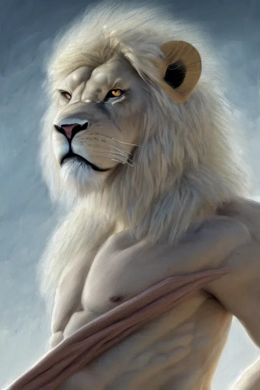 Image similar to painted portrait of rugged anthro furry albino lion as a god of thunder, greek god, white fur, masculine, powerful, handsome, upper body, white robe, muscular, hairy torso, fantasy, intricate, elegant, highly detailed, digital painting, artstation, concept art, smooth, sharp focus, illustration, art by gaston bussiere and magali villeneuve