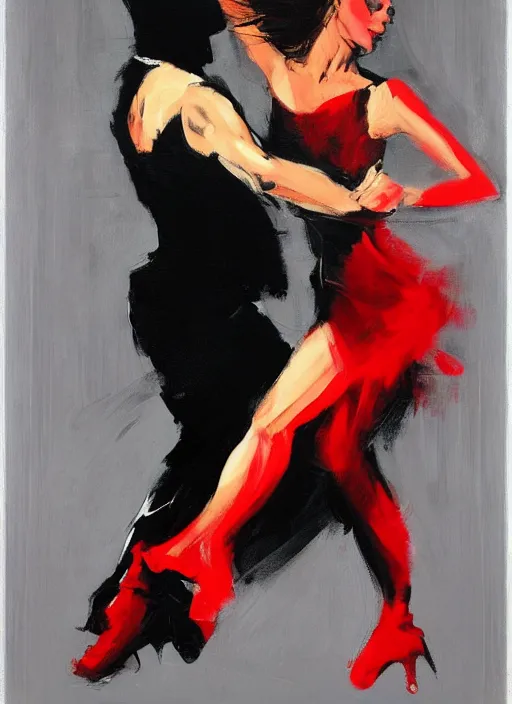 Image similar to tango dancerin in black and red dress, painting by phil hale, fransico goya,'action lines '!!!, graphic style, visible brushstrokes, motion blur, blurry, visible paint texture, crisp hd image