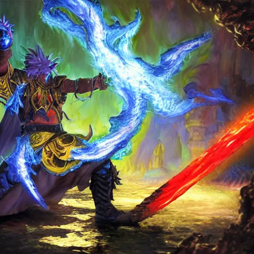 Image similar to A highly detailed oil painting concept art of a sorcerer casting an acid splash spell against a fighter wielding a greatsword, highly detailed concept art.