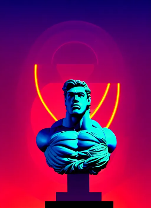 Prompt: statue of hercules, beeple, android jones, liam wong, ( ( ( ( ( dan mumford ) ) ) ) ), vaporwave, retrowave, black background, neon wiring, black, glitch, strong contrast, cuts, pinterest, trending on artstation