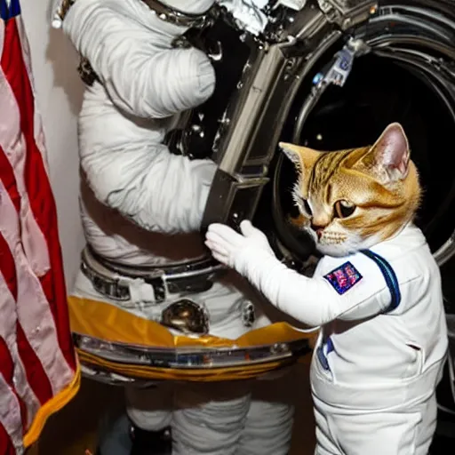 Image similar to cat astronaut shakes the hands with president