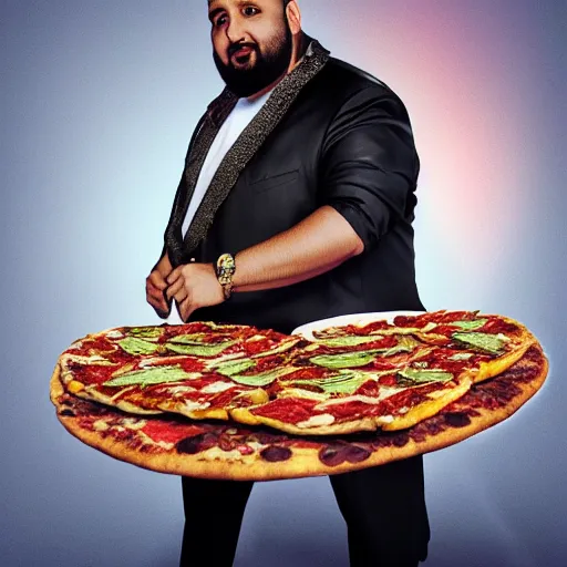 Image similar to a highly detailed realistic photographic render dj khaled with Cosmo Kramer hairstyle with holding slices of pizza, religious sculpture, cinematic lighting, cinematic scene, Volumetric lighting, Atmospheric scene, Dark, Horror, Atmospheric lighting, Global illumination, realistic, photo realism, hyper realistic, hyper realism, photo realisitc, cinematic render, film, beautifully lit, ray traced, octane 3D render, octane render, unreal engine