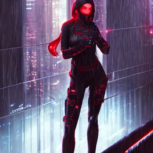 Prompt: An realistic epic fantastic comic book style portrait painting of a female cyber ninja by WLOP trending on arstation, black and reddish color armor, cyberpunk feel raining at tokyo rooftop, Concept world Art, unreal 5, DAZ, hyperrealistic, octane render, cosplay, RPG portrait, dramatic lighting, rom lights