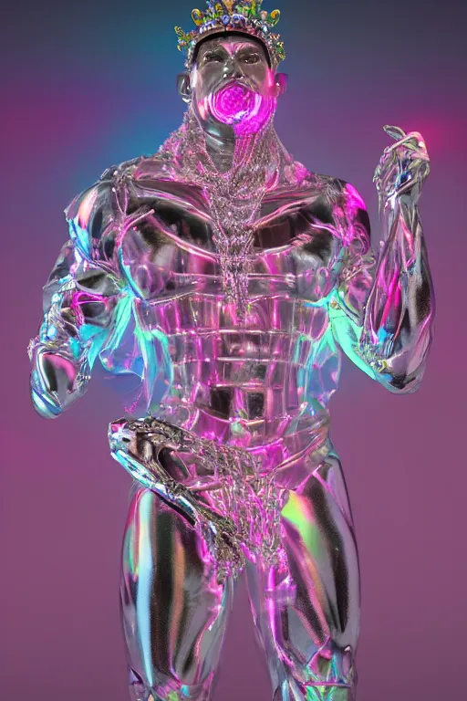Image similar to hyper detailed ultra sharp fullbody photo of baroque and cyberpunk transparent pink gem sculpture of a muscular seductive muscular italian guido feeling muy cachondo, muy dotado, iridescent humanoid deity wearing pink plastic seethrough cloak, holding a rainbow tiger gem, blue diamond, glowing pink face, crown of white diamonds, cinematic lighting, photorealistic, octane render 8 k