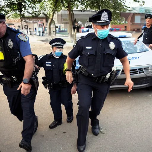 Image similar to a police officer helping people get to safety in a war