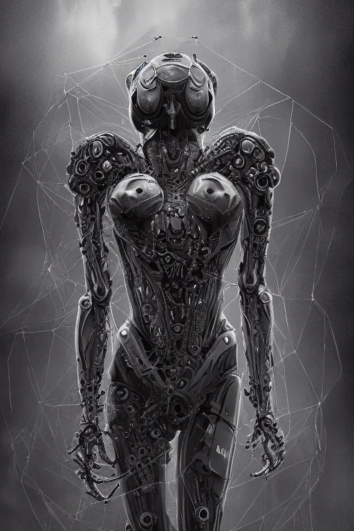 Image similar to ultra realist and ultra intricate detailed soft painting of an beautiful armored arachne biomechanical body, symmetry features, sensual gloomy style, volumetric clouds, cyberpunk background, artstation, unreal render, depth of field