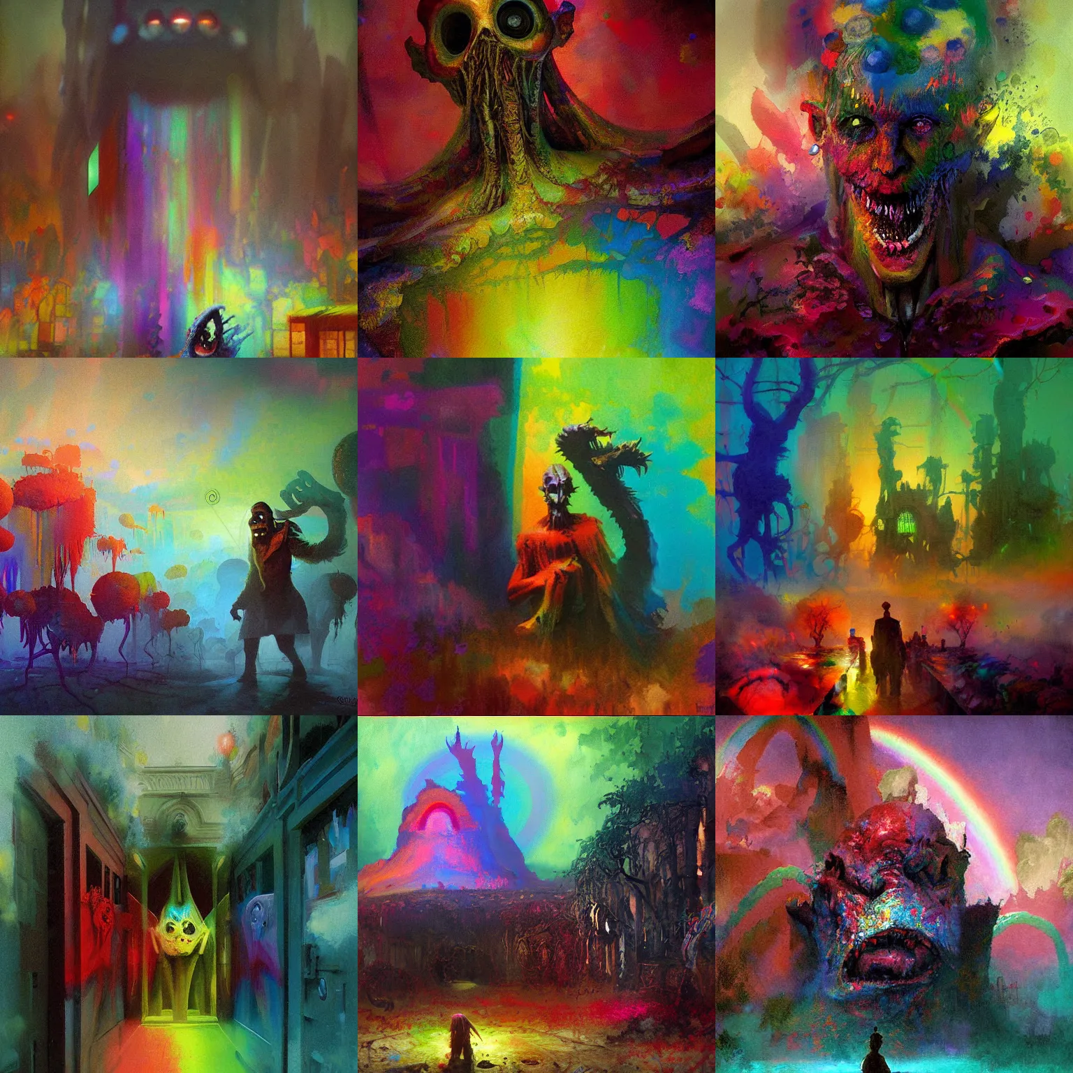 Prompt: Colorful, creepy painting of the horrible terrifying eldritch monstrosity hiding within the rainbow color palette by Craig Mullins