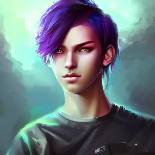 Image similar to colorful and festive captivating teenager boy with straight purple hair, purple eyes with red eye markers, slim body, wearing combat clothes. rich vivid colors, ambient lighting, dynamic lighting, 4 k, atmospheric lighting, painted, intricate, highly detailed by charlie bowater
