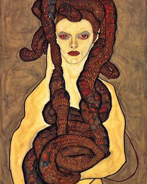 Prompt: portrait of a strong medusa with many pythons by egon schiele in the style of greg rutkowski