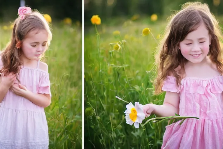 Prompt: a little girl standing in a field holding flowers in her hand, soft light, dreamlike,