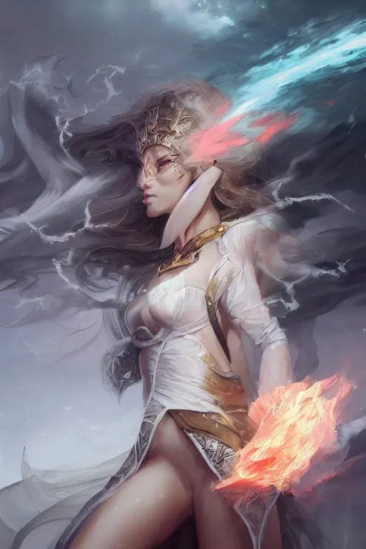 Image similar to half body closeup beautiful girl warrior in white dress, casting magic spell, angel, magic storm and thunder clouds, fantasy, magic the gathering, hyper detailed, 3 d render, hyper realistic detailed portrait, peter mohrbacher