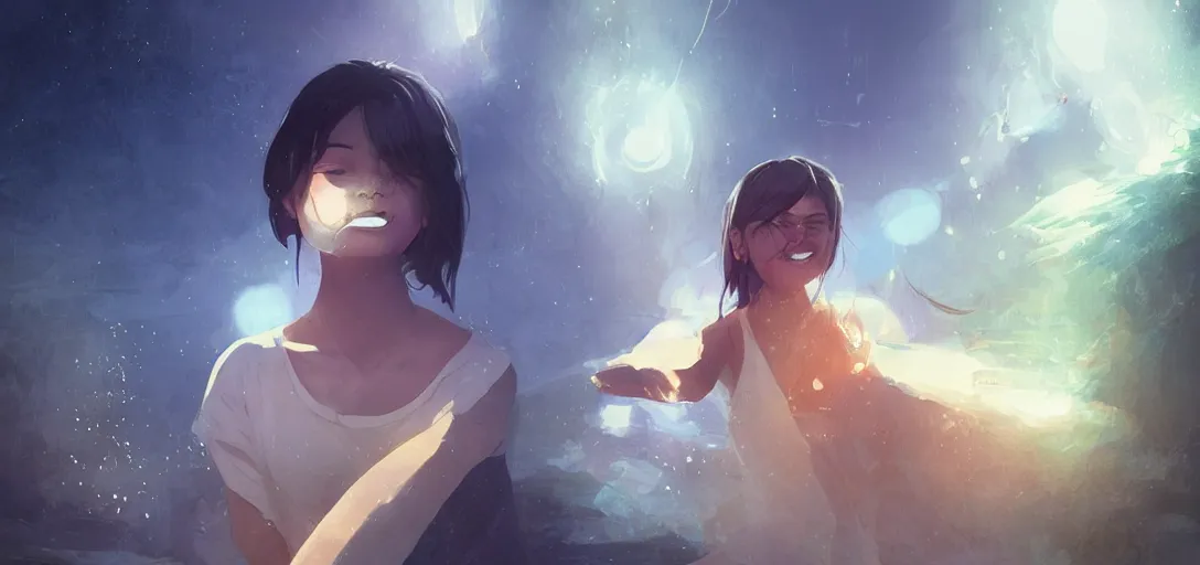 Image similar to Young Himalayan woman floating psychically amused as if discovering her powers for the first time | night time scene, plain walls |light hearted, white eyes, long messy hair | gentle lighting, futuristic, dim lighting, digital art by Makoto Shinkai ilya kuvshinov and Wojtek Fus, digital art, concept art,