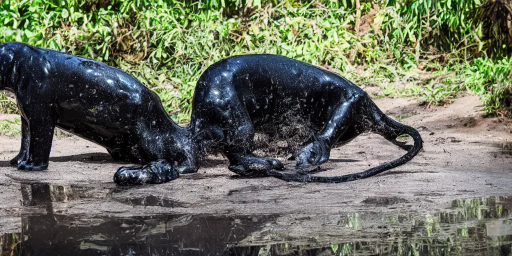 Prompt: the smooth black jaguar, made of smooth black goo, bathing in the tar moat in the zoo exhibit, viscous, sticky, full of tar, covered with black goo, splattered tar, dripping tar, dripping goo, splattered goo, sticky tar. photography, dslr, reflections, black goo, zoo, exhibit