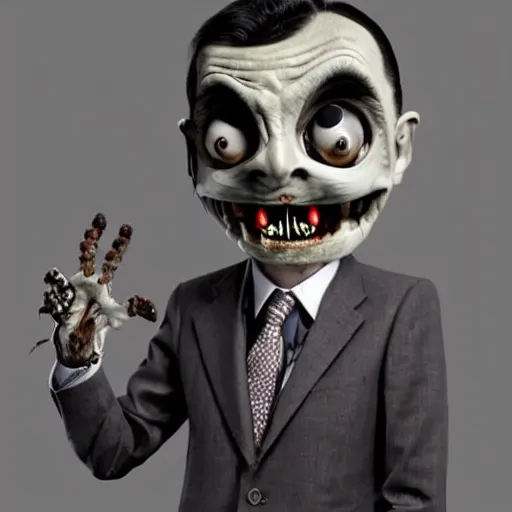 Image similar to mr bean as a monstrous alien, body horror, claws, teeth, bones