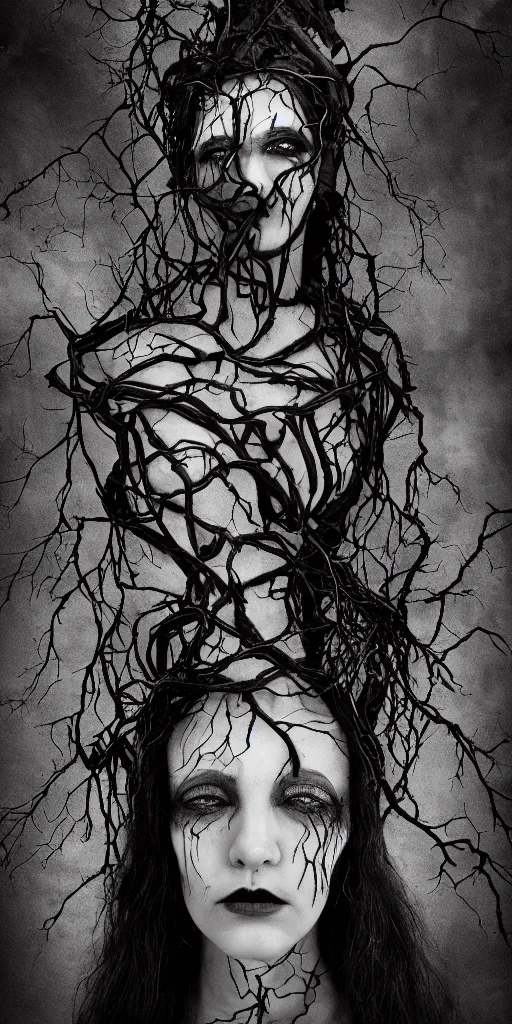 Prompt: portrait, a sorceress, vines and veins around body, ravens stormy sky of foreboding, occult, robotic bust, body ribs meshes,, volumetric light, vespertine, honeysuckle, rim light, by chris mars, and diane arbus, gothic, gothique, 8 k