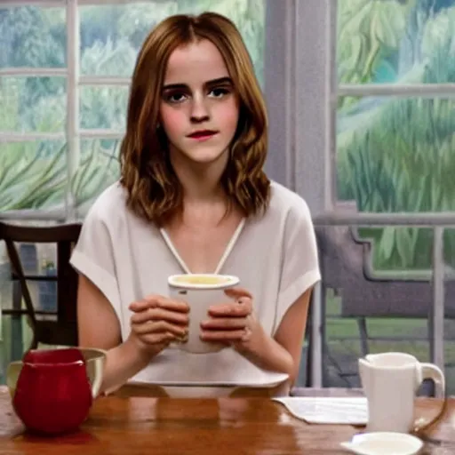 Image similar to emma watson drinking a saucer of warm milk, in the style of a bob ross painting