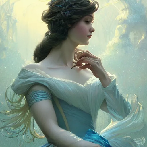 Image similar to cinderella, D&D, fantasy, intricate, elegant, highly detailed, digital painting, artstation, concept art, matte, sharp focus, illustration, art by Artgerm and Greg Rutkowski and Alphonse Mucha