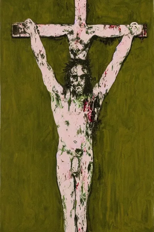 Image similar to green background with bloody christ crucified painted by cy twombly and andy warhol