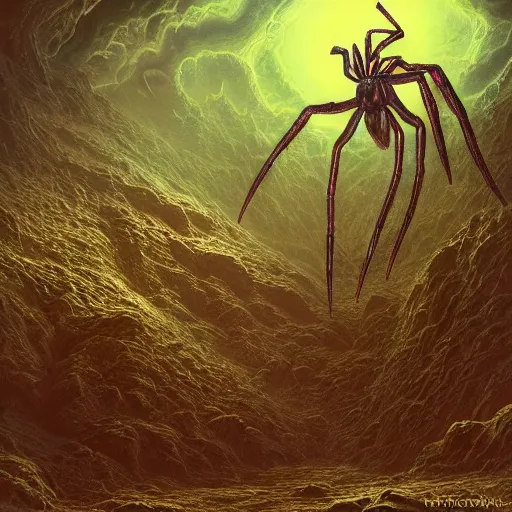 Image similar to photorealistic gigantic spider eating someone in the style of michael whelan and gustave dore. hyperdetailed photorealism, 1 0 8 megapixels, amazing depth, glowing rich colors, powerful imagery, psychedelic overtones, 3 d finalrender, 3 d shading, cinematic lighting, artstation concept art