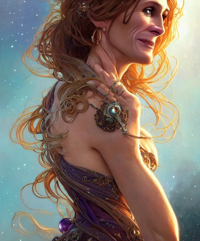 Prompt: Julia Roberts as a fantasy magic woman portrait, sci-fi, amber eyes, face, long hair, fantasy, intricate, elegant, highly detailed, digital painting, artstation, concept art, smooth, sharp focus, illustration, art by artgerm and greg rutkowski and alphonse mucha