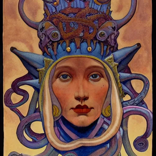 Image similar to the tentacle crown, by Annie Swynnerton and Nicholas Roerich! and (((Diego Rivera))) and (((Edmund Dulac))), bioluminescent skin, tattoos, elaborate costume, geometric ornament, symbolist, rich colors, dramatic lighting, smooth, sharp focus, extremely detailed