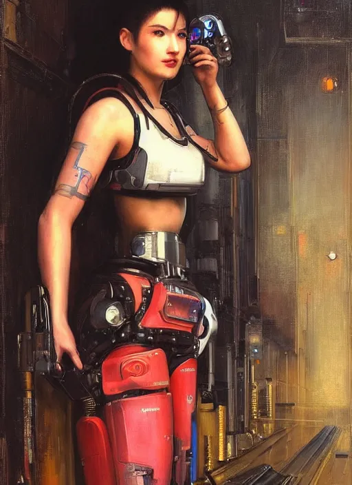 Image similar to Marie Tanaka. Beautiful Cyberpunk mechanic with robotic legs. (Cyberpunk 2077, bladerunner 2049). Gorgeous face. Iranian orientalist portrait by john william waterhouse and Edwin Longsden Long and Theodore Ralli and Nasreddine Dinet, oil on canvas. Cinematic, vivid colors, hyper realism, realistic proportions, dramatic lighting, high detail 4k