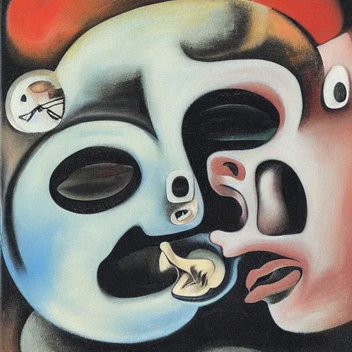 Prompt: Oil painting by Roberto Matta. Two mechanical gods kissing. Oil painting by Marlene Dumas. Dali.