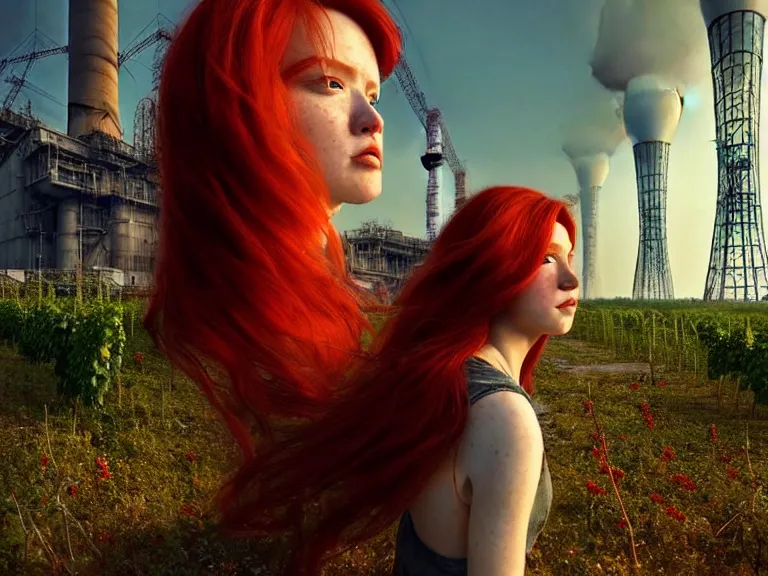 Image similar to red hair girl, chernobyl powerplant!!!, rubble, ruins!!, flowers, vines, hyperrealistic, highly detailed, cinematic, single ray of golden sunlight, beautiful, cgssociety, artstation, 8 k, oil painting by greg rutkowski, by artgerm, by wlop