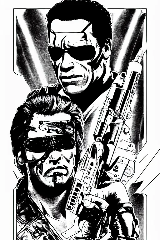 Image similar to arnold schwarzenegger as the terminator, a page from cyberpunk 2 0 2 0, style of paolo parente, style of mike jackson, adam smasher, johnny silverhand, 1 9 9 0 s comic book style, white background, ink drawing, black and white, colouring pages