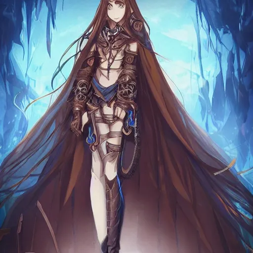 Prompt: “A detailed stunning and beautiful anime woman with brown flowing hair, long blue-cape, decorative leather armor, great proportions, excellent detail, surrounded by a catacomb of books, high quality, Full-body character portrait, trending on artstation, by rossdraws”