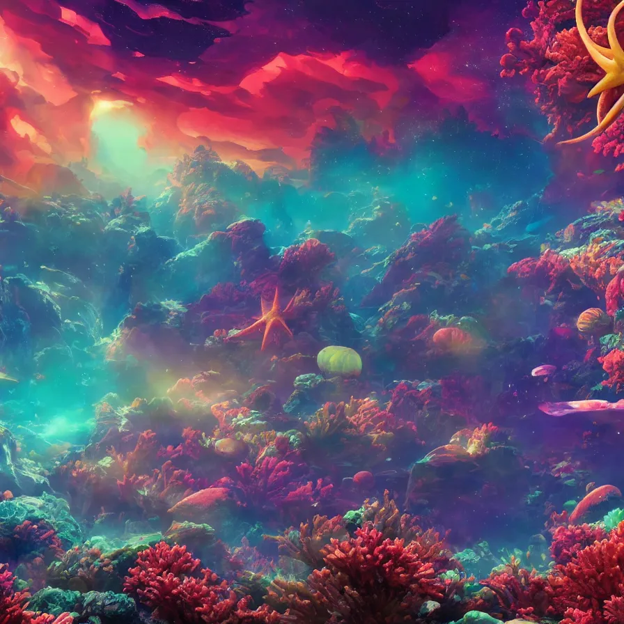 Prompt: album art, anime visuals, of an alien planet made out of different coloured corals, with big starfish, creatures, rocky landscape, floating waterfalls, omni magazine, cinematic lighting, detailed