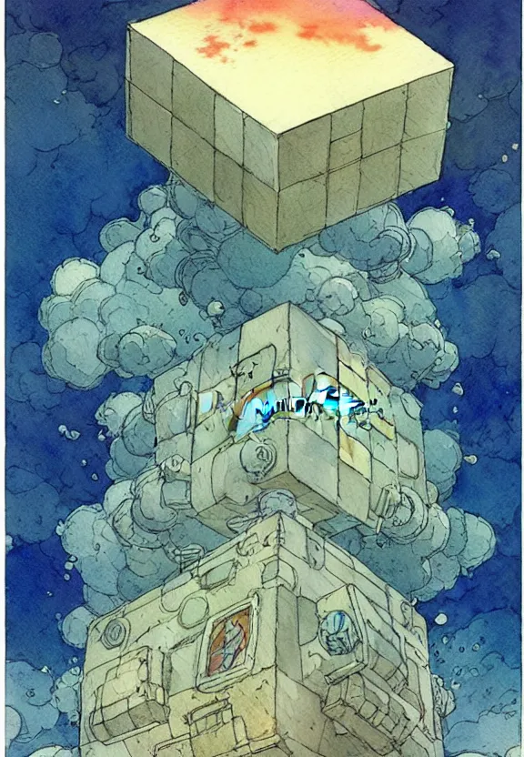 Image similar to a simple watercolor fantasy concept art of a giant sc - fi grey cube floating in the air. by studio ghibli, rebecca guay, michael kaluta, charles vess