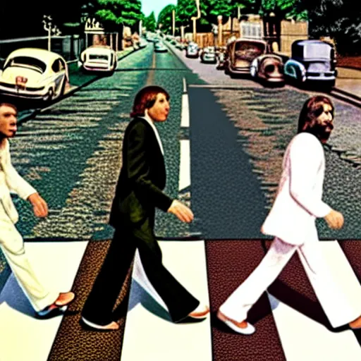 Image similar to abbey road with the three stooges,